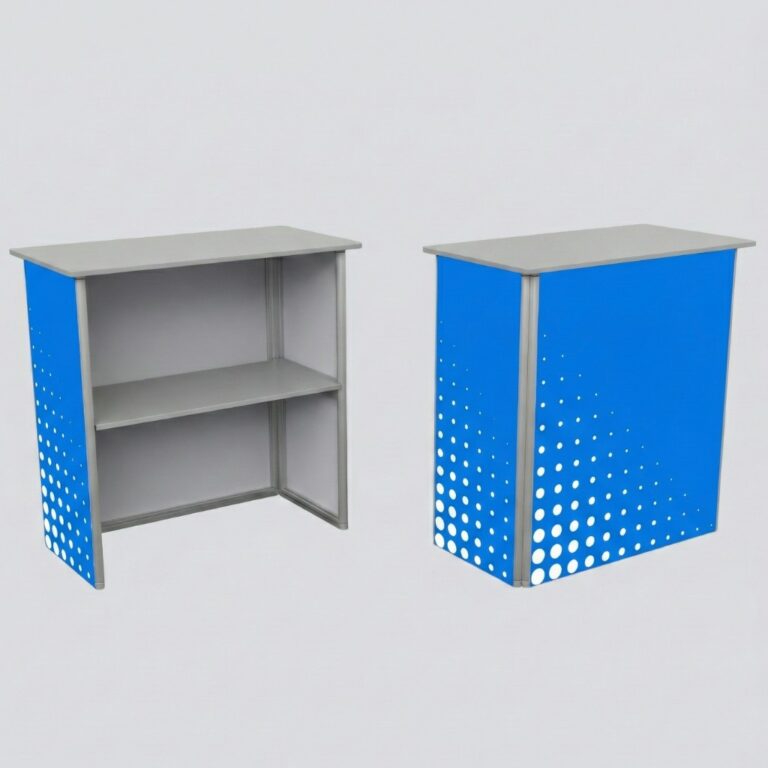 Trybunka reklamowa składana z blatem – przenośna lada eventowa z możliwością personalizacji (łatwy transport)